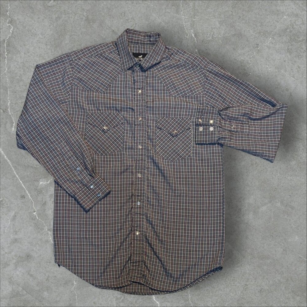 Vintage Western Express Blue Plaid Pearl Snap Long Sleeve Shirt Men Cowboy *Flaw